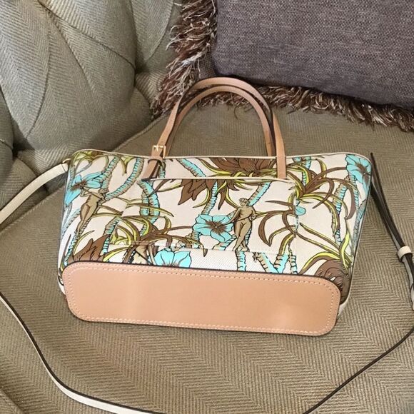 TORY BURCH NATURE PRINTED CANVAS TOTE FLOWERS PALMS BROWN TURQUOISE CREAM - Picture 5 of 11